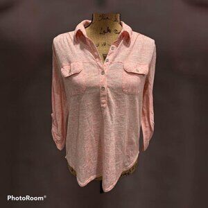 🌸3/$15🌸Sheer Hi-Lo Pink Blouse 3/4 Sleeves Partial Button Up sz M